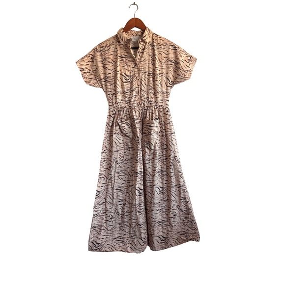 Olivia by Livro Tiger Stripe Cotton Button Front Midi Dress Tan Black XS - Picture 2 of 8